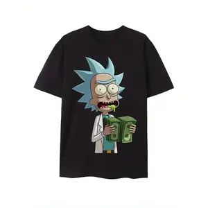 Men's Rick and Morty Graphic Cotton T-Shirt - Black Relaxed Fit Crew Neck Short Sleeve Tee with Cartoon Print for Gym, Running & Casual Summer Wear Fabric Menswear
