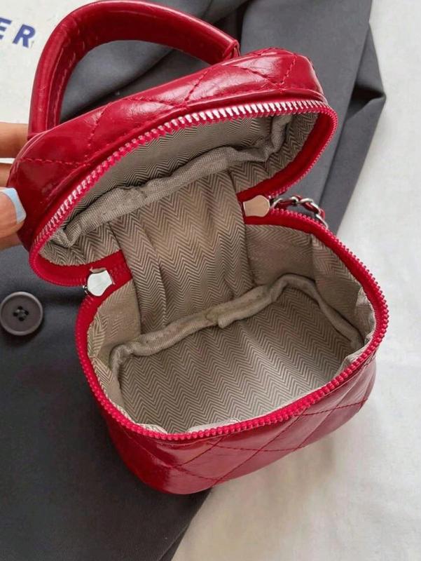Mini Women's Handbag - Solid Red Quilted Crossbody Bag with Heart Charm Zipper, Chain Strap, and Top Handle, Cute Card/Key Coin Purse, Y2K Style Bag for Daily/Shopping/Travel