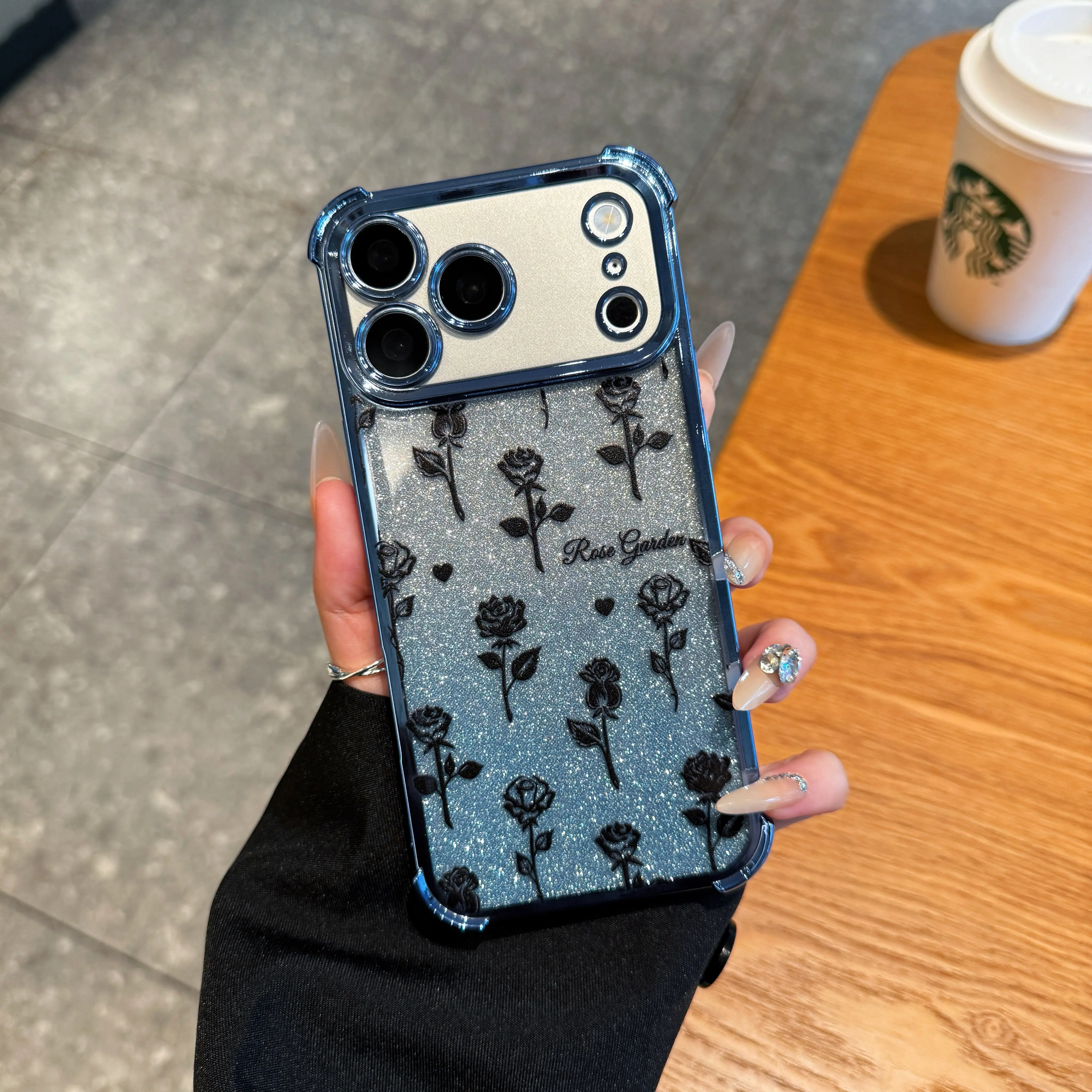 Exquisite black rose shiny phone case, four corner airbag protection, non yellowing anti fall and anti scratch phone protective case, suitable for iPhone 17Pro Max Air 16Pro Max 15Plus 14 13 12 11 XR XS Samsung Galaxy S25 S24 S23 S22 phone cases.A124