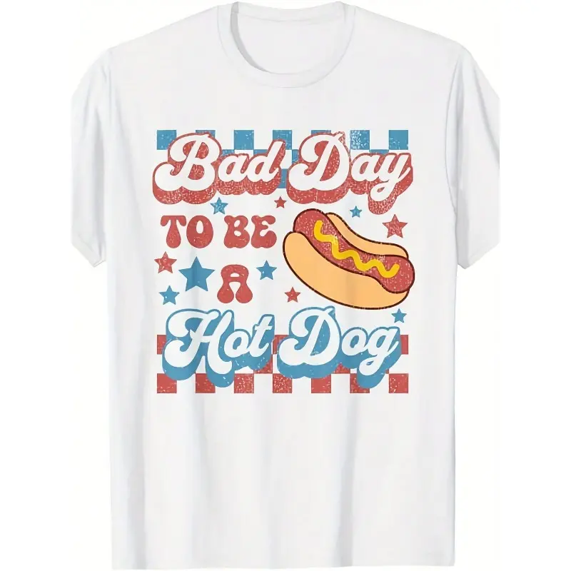Women's Funny 4th of July Graphic Tee, Retro Hot Dog Cotton Top, Casual Shortsleeve Crew Neck Party Piece for BBQs, Shirt, Machine Washable