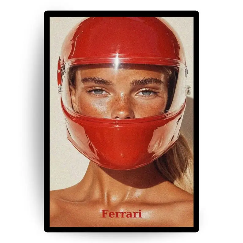Ferrari Girl Poster – Red Helmet Aesthetic Wall Art, Retro Racing Print, Model Portrait Poster, Cool Car Art for Bedroom or Studio