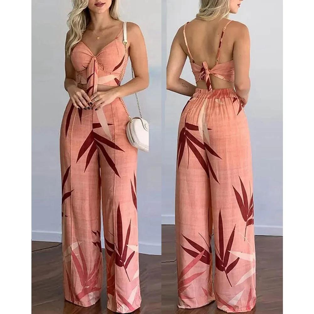 Tropical Print Spaghetti Strap Casual Lace up Back Top &High Waist Pants Set