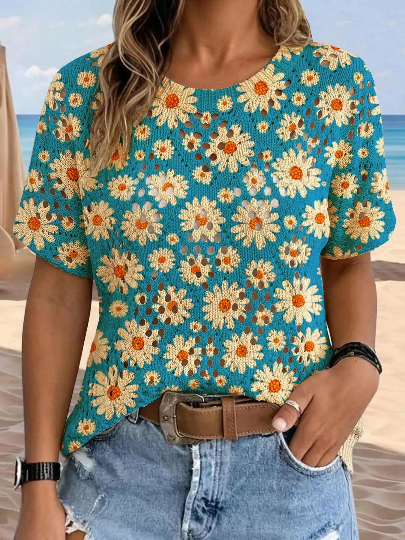 Women's Boho Blue Daisy Print Round Neck Short Sleeve Knit Sweater, Casual Breathable Fitted Top, Hollow Design for Spring Summer Fall