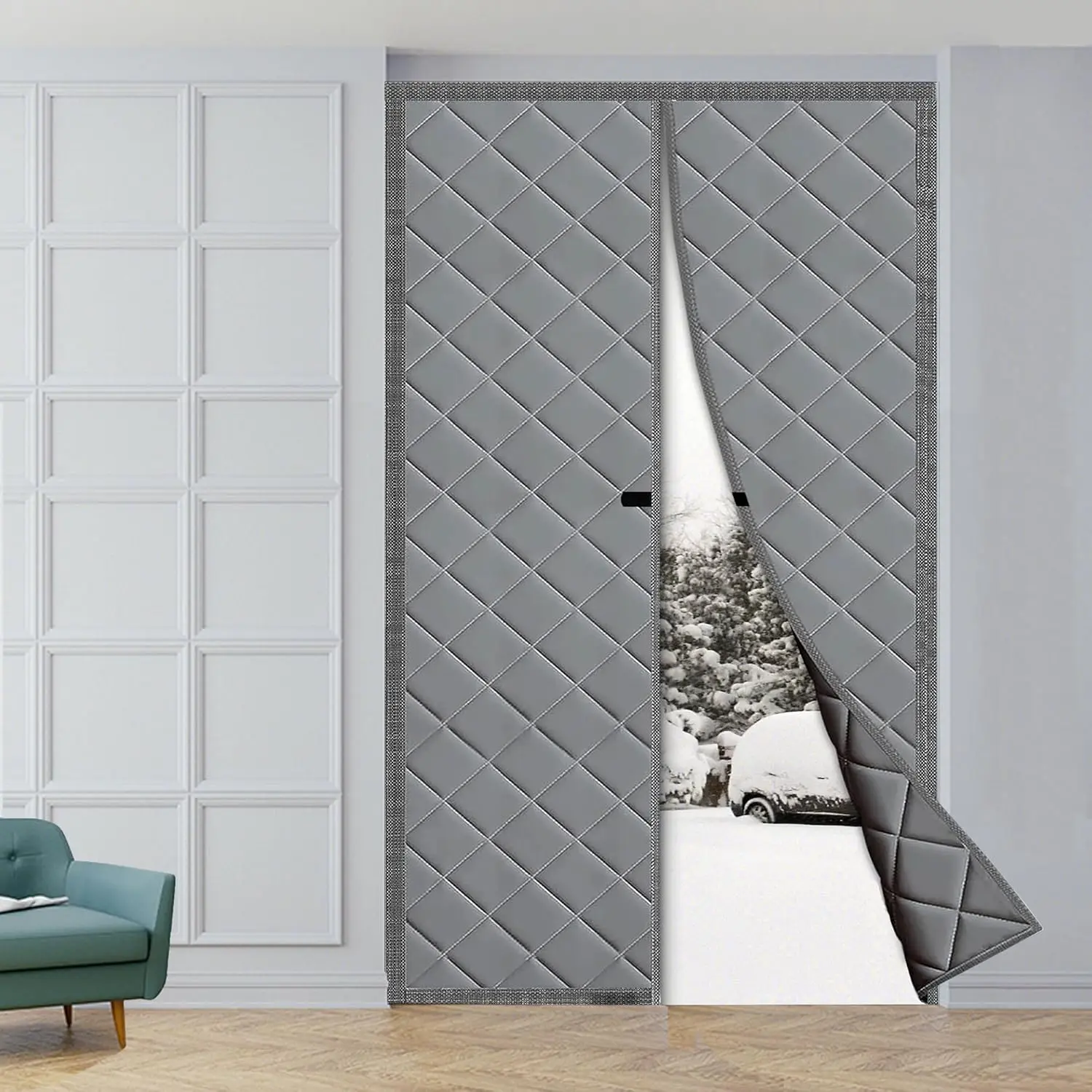 300D Oxford Fabric Thermal Insulated Door Cover Curtain - 32"x80" Synthetic Fabric with Cotton Fiberfill, Eco-Friendly Velcro Edges, Seamless Sewing Complete Kit, Windproof Soundproof, Energy Saving for Bedroom Doors, with 2 Removable Straps, Home Improve