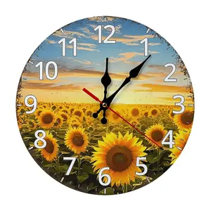 12 Inch Sunflower Field Sunset Wooden Wall Clock | Silent Non-Ticking Rustic Farmhouse Decor, Nail Included, No Battery Included, Perfect for Living Room, Kitchen, Sunroom