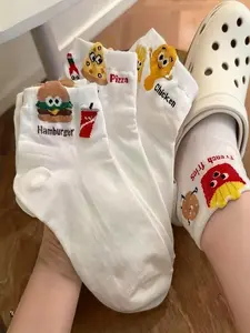Four Pairs Summer Short Cartoon Socks, Four Different Patterns, French Fries, Burger, Chicken Leg, Pizza Design, Daily & Holiday Wear