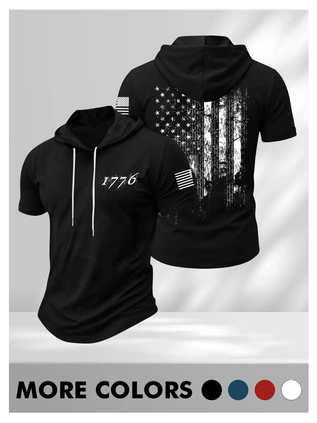 Men's 1776 American Flag Print Short Sleeve Hoodie, Hooded Sweatshirts, Slim Fit, Y2K Patriotic Independence Day Tee, Vintage USA Flag Graphic Activewear Sportswear Workout Top for Daily, Gym #summeroutfits #tiktokshopmademebuyit #menfashion