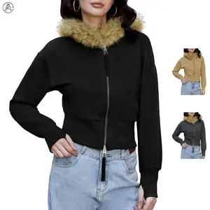 Arssm Women’s Cropped Zip-Up Hoodie – Faux Fur Trim Long Sleeve Hooded Sweatshirt Jacket for Casual Streetwear & Fall Winter Outfits
