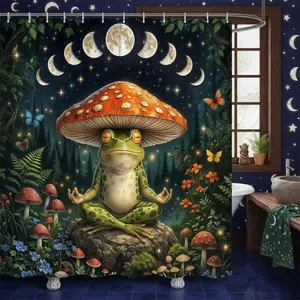 Meditating Frog Shower Curtain, Moon Phase Mushroom Forest Bathroom Curtain, Whimsical Nature Boho Shower Curtain for Bathroom Decor, Waterproof Fabric Shower Curtain