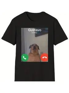 Gustavo The Dog's Funny Phone Call Graphic Printed T-Shirt, Casual Short Sleeve Round Neck Women Top