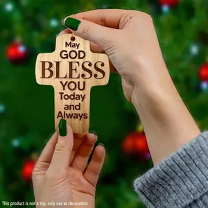 2D Flat Wooden Cross Pendant - 'May God Bless You Today and Always' Car Rearview Mirror Decoration, Keychain or Backpack Charm | Elegant Font Design | Versatile Religious Symbol for Home, Party, or Christmas Decor, 2D Flat