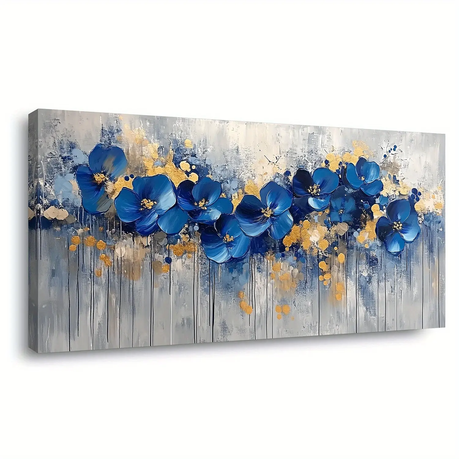 Decorative Blue Abstract Art Framed Canvas - Gold Floral Design, High-Quality Ink Printing, Modern Vintage Wood Frame, Indoor Landscape Home Decor for Living Room, Bedroom (Home Supplies, Posters & Prints)