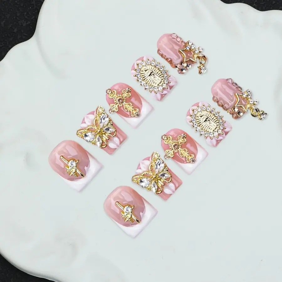 10 pieces/set handmade square nail tips, Y2K style, Nail Art Design, nude and white, tie dye with French edges, hand carved flowers, hand pressed nails, Handmade Wearable Nails, Handmade Acrylic Nails, Handmade Press On, equipped with a tool kit