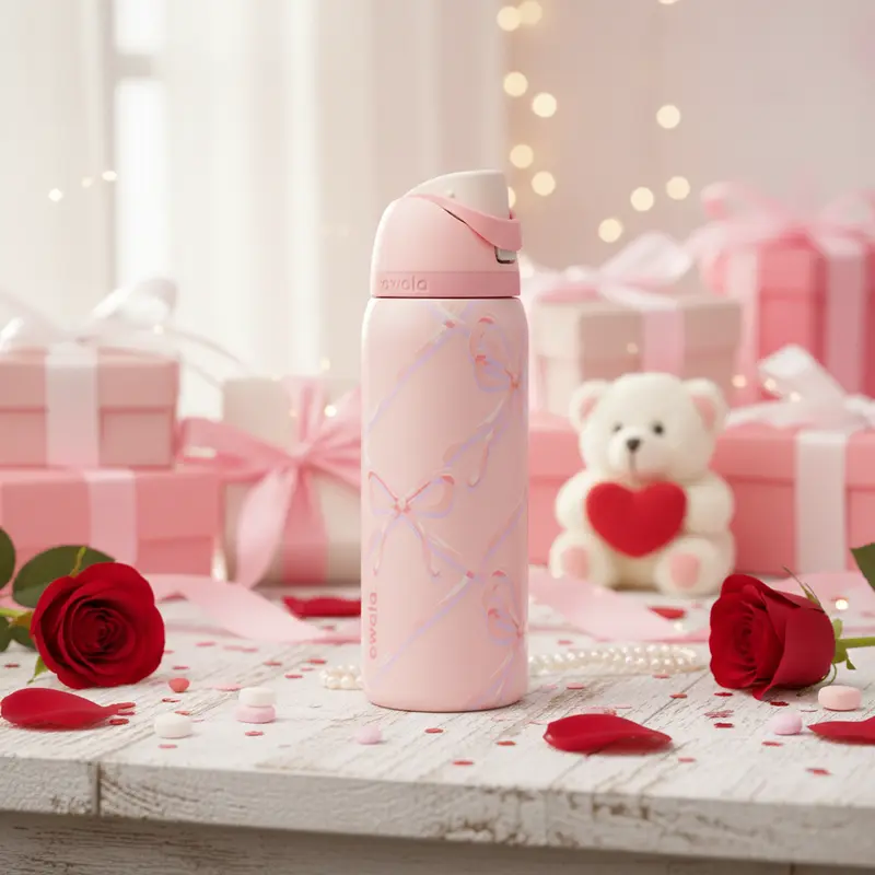 Owala Limited Sugar Plum Fairy - Holiday Collection FreeSip Insulated Stainless Steel Water Bottle with Straw for Sports Travel BPA Free 32 oz Pink Deer Design, Valentine Gift for Her