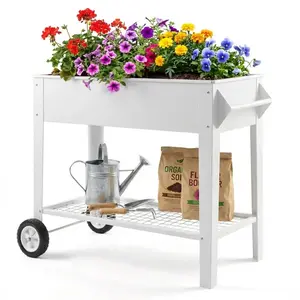 38" Elevated Raised Garden Bed with Wheels and Handle, Mobile Metal Planter Box for Vegetables Herbs Flowers, Ergonomic Standing Planter for Patio Backyard Balcony
