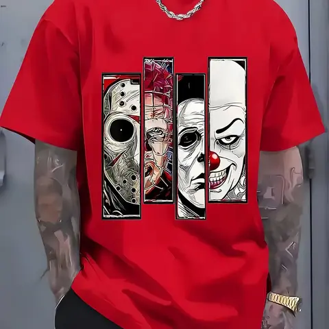 Men's 100% Pure Cotton Spooky Horror Movie Characters Mashup Print Red Tshirt - Short-Sleeve Round Neck, Regular Fit US Novelty Tee, Halloween Casual Streetwear, Cool Menswear Sports Top (Cold Wash)