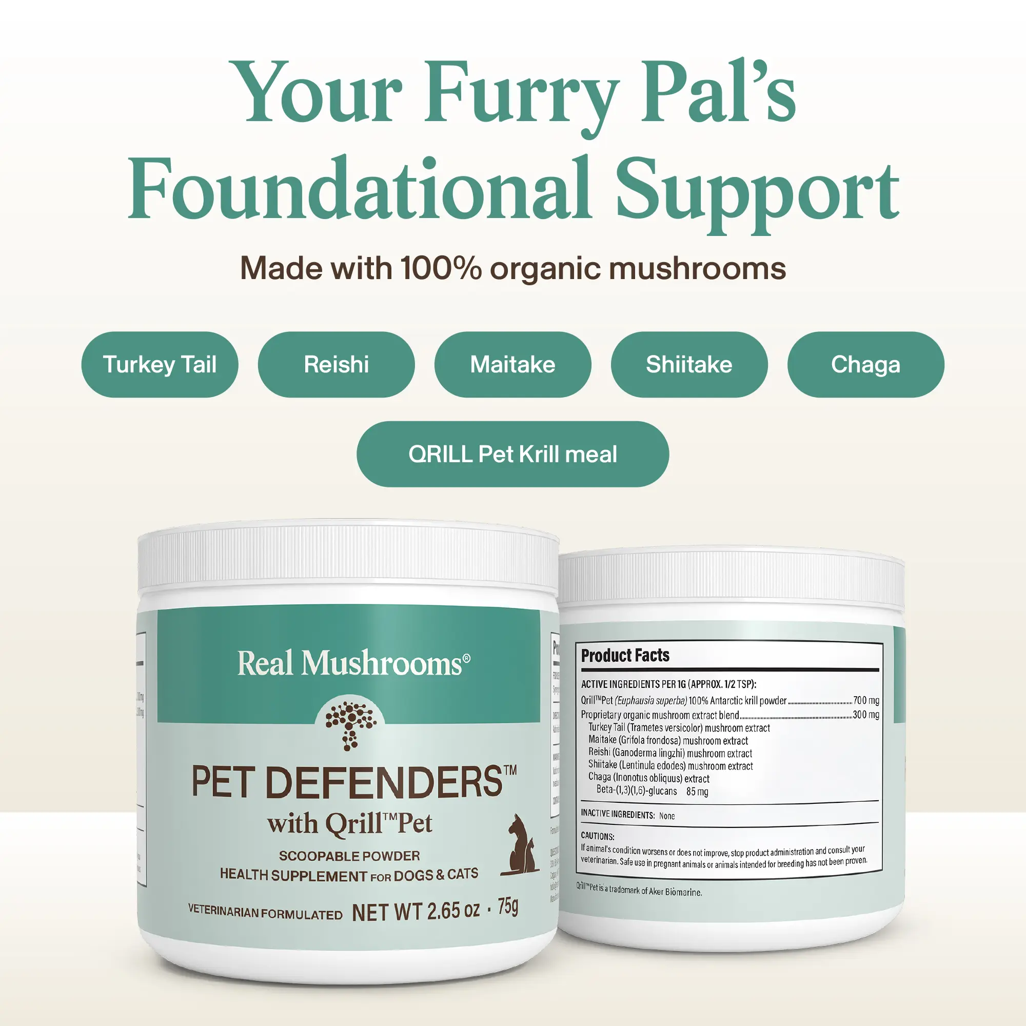 Real Mushrooms Pet Defenders with Qrill Pet | 5 Organic Mushroom Blend Plus Antarctic Krill | Immune and Antioxidant Support | NASC Certified | Powder