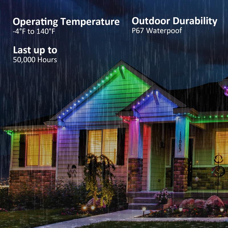 Fussion 100-200FT RGB Eave Outdoor Lights Permanent LED Colorful Eaves with APP & Remote Control IP67 Waterproof Festive Decorations 100FT/150Ft/200Ft/300FT/400FT