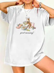 Women's Curious George Good Morning Graphic Oversized T-Shirt, Cute Monkey Print Casual Tee, Y2K Streetwear Top for Everyday Wear, Y2K Goth Gothic