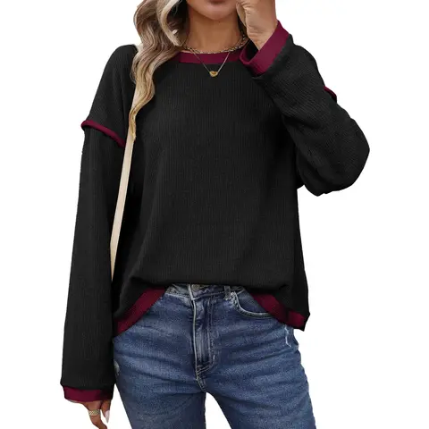 EVALESS Women's Preppy V-Neck Hoodless Sweatshirt - Plush Fuzzy Cotton, Long Sleeves, Loose Fit, Stylish Pullover, Women Oversized Sweatshirts, Casual Chic Top