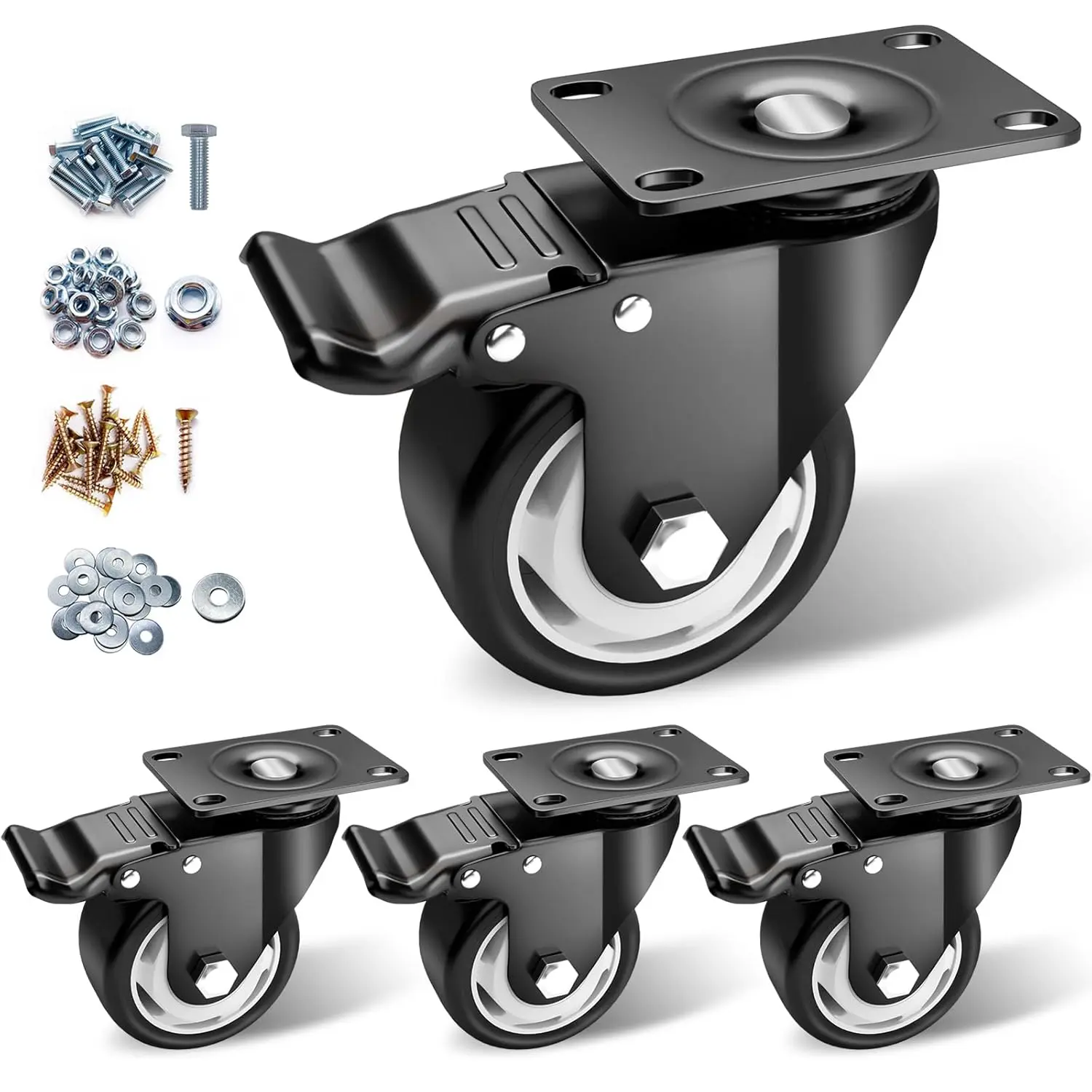 Caster Wheels - 3 Inch Casters Set of 4 Heavy Duty,  Locking Industrial Caster with 360  No Noise Polyurethane Wheels, Swivel Plate Casters with  - Pack of 4