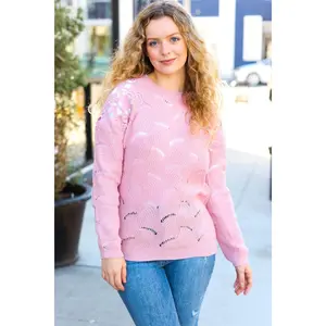 Give Joy Pink Pointelle Shoulder Lace Knit Sweater