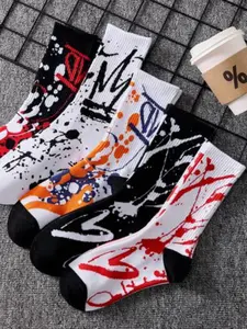 5 Pairs Men's Socks, Teenage Colorful Street Style Graffiti Crew Socks, Comfortable Soft Sports Long Socks, Random Colors, Spring Fall