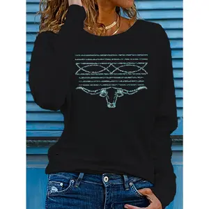 Women's Long-sleeve TopWomen's Western Pattern Printed Lon Sleeve T-Shirt - Vibrant Blue Round Neck Casual Top with Cow Skull and Rope Desin, Machine Washable Medium Stretch Fabric for Sprin and Autumn