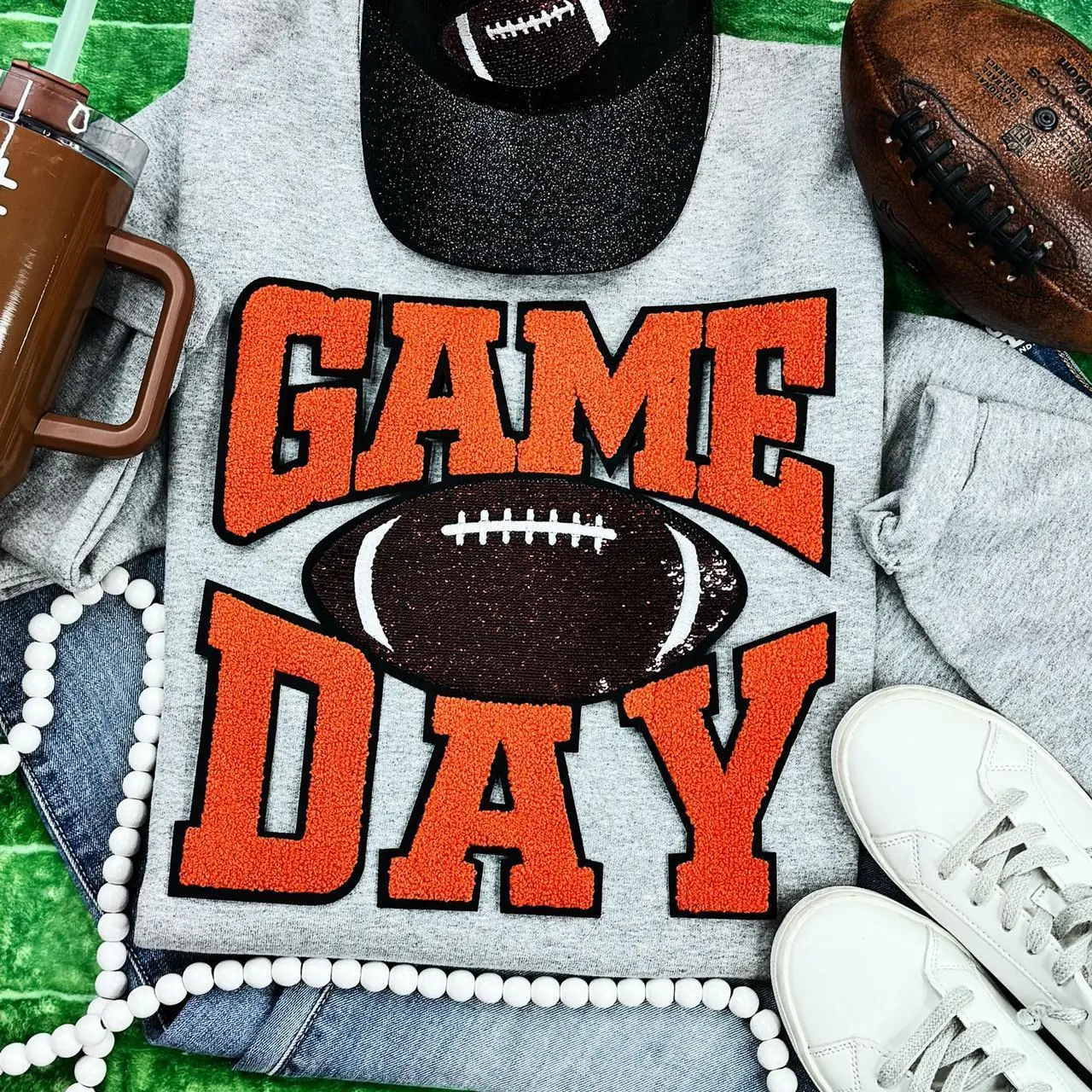 Orange Chenille Game Day with Sequin Football Patch