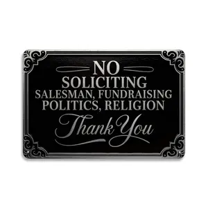 No Soliciting Tin Sign， Vintage No Salesman Fundraising Politics Religion Metal Sign Print Aesthetic Room Decoration for Home Bedroom Kitchen Dorm Bathroom Wall Decor 8 X 12， Easy to Hang