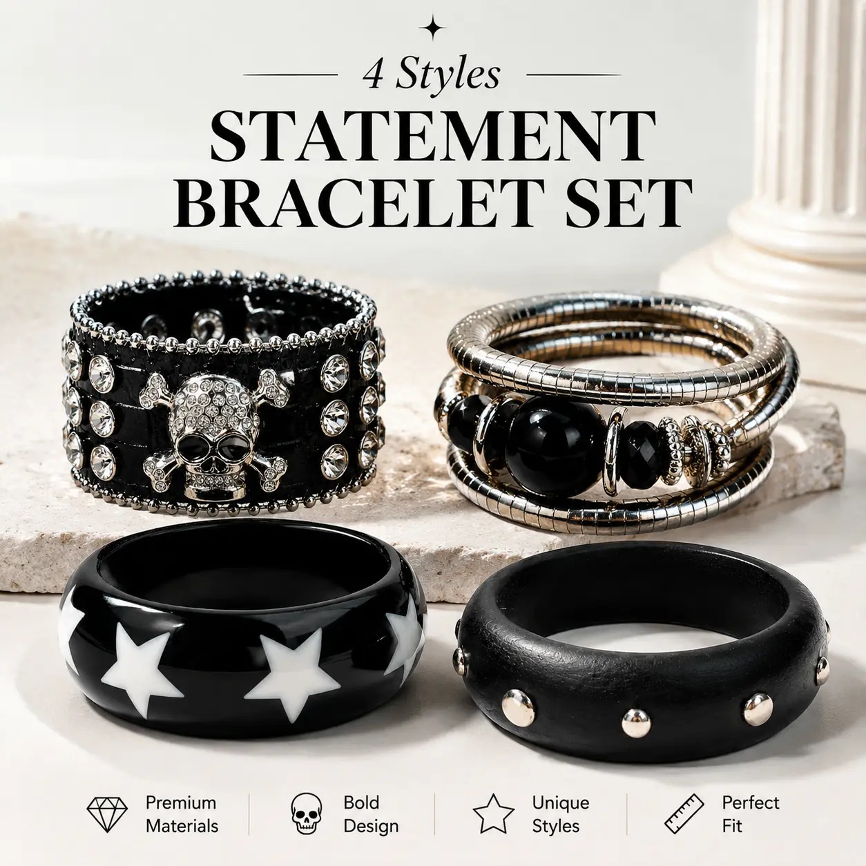 Punk Bracelet Collection, Gothic Statement Cuff Bangle, Alternative Style Jewelry with Multiple Designs