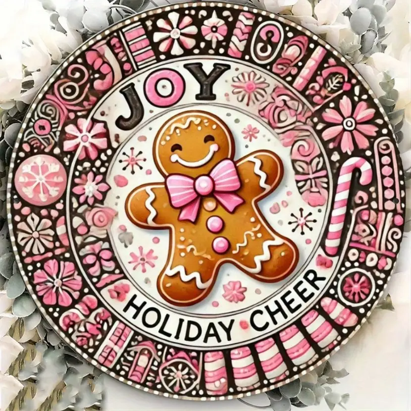 Aluminum Pink Gingerbread Christmas Wreath Wall Decor Round 8x8 Inch for Home Office Cafe Room House Living Room Kitchen