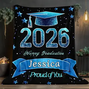 1pc 2026 Graduation Celebration Flannel Blanket - Personalized Blankets with Name or Text, Adorned with Graduation Cap & Diploma Designs, Warm, Comfortable for Sofa Use & Travel