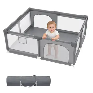 dearlomum 50"x50"/71"x59" Extra Large Baby Playpen with Soft Mesh Fence & Safety Gate for Babies & Toddlers Indoor Safety Yard Easy Assembly Clean Nonremovable Waterproof Mat Black/Gray