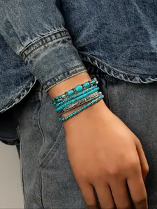 Women's Vintage Turquoise Stackable Beaded Bracelet Set, Multi-Layer Geometric Design Elastic String Jewelry Gift for Women Daily Wear & Holiday Gifts, Exquisite Bracelet