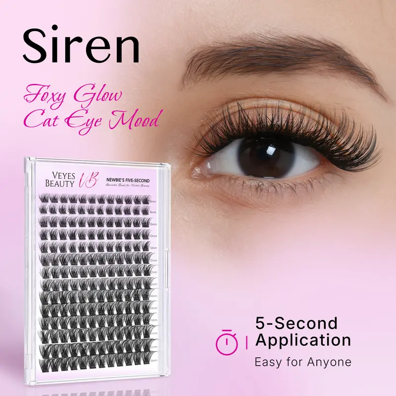 Veyesbeauty VB-Siren Cosmetic Lash Clusters Kit, Polybutylene Terephthalate Fiber Bundle, 5-Second DIY Eyelash Extensions, 13-15mm Lengthening, Fluffy Thin Strands, Wispy Dramatic Look, Newbie-Friendly for At-Home Doll Makeup (False Eyelashes & Adhesives)
