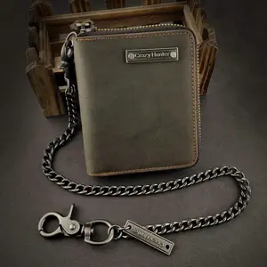 Biker Genuine Leather Mens ID card Money Wallet Coin Purse With Chain