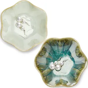 2 Trinket Dish Lotus Leaf Shape Ring Tray Ceramic Jewelry Dish Tray Jewelry Plate Ring Holder Necklace Earrings Key Bowl for Entryway Table Decor Gifts, 2 Colors