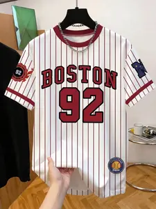 Men's "Boston 92" Striped Baseball T-Shirt, White & Red Vintage Streetwear Crew Neck Casual Sports Tee