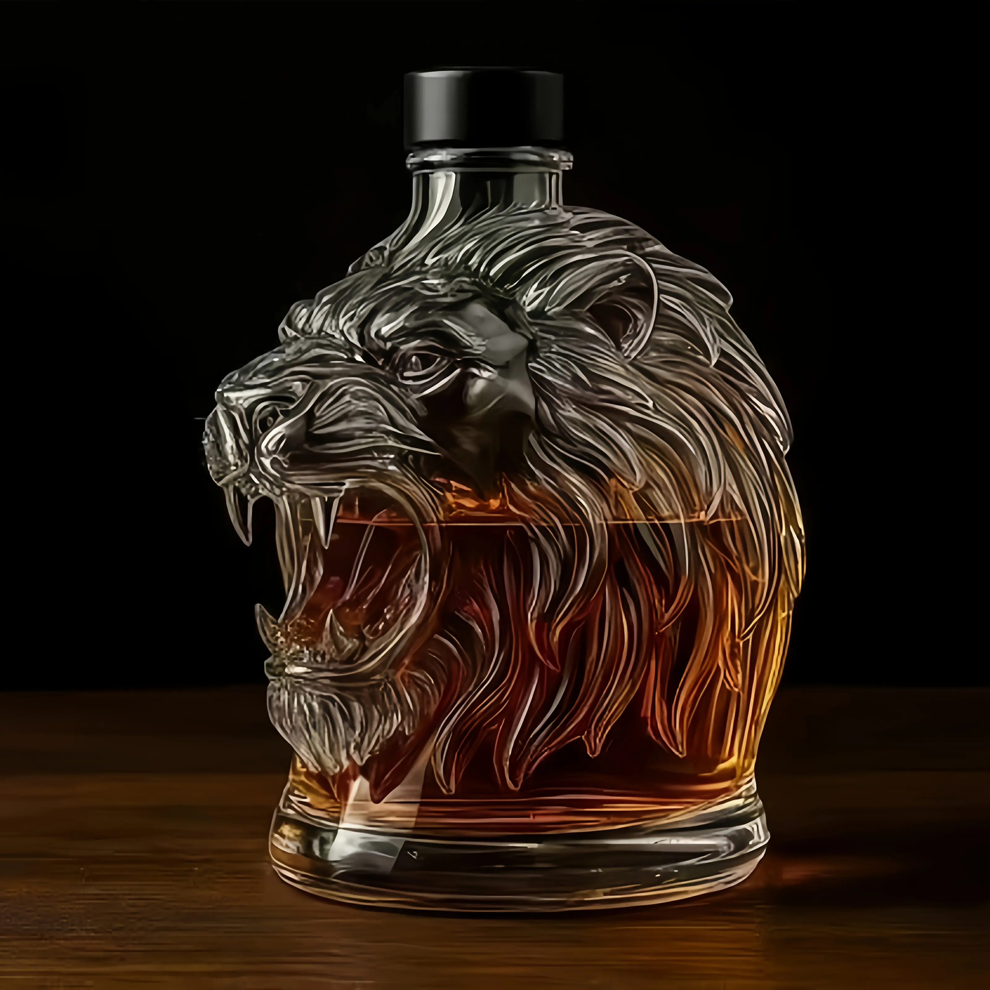 10.14oz 3D Lion Head Shaped Glass Whiskey Bottle/Wine Bottle, Fun Animal Shaped Glass Whiskey Decanter with Leak-Proof Stopper