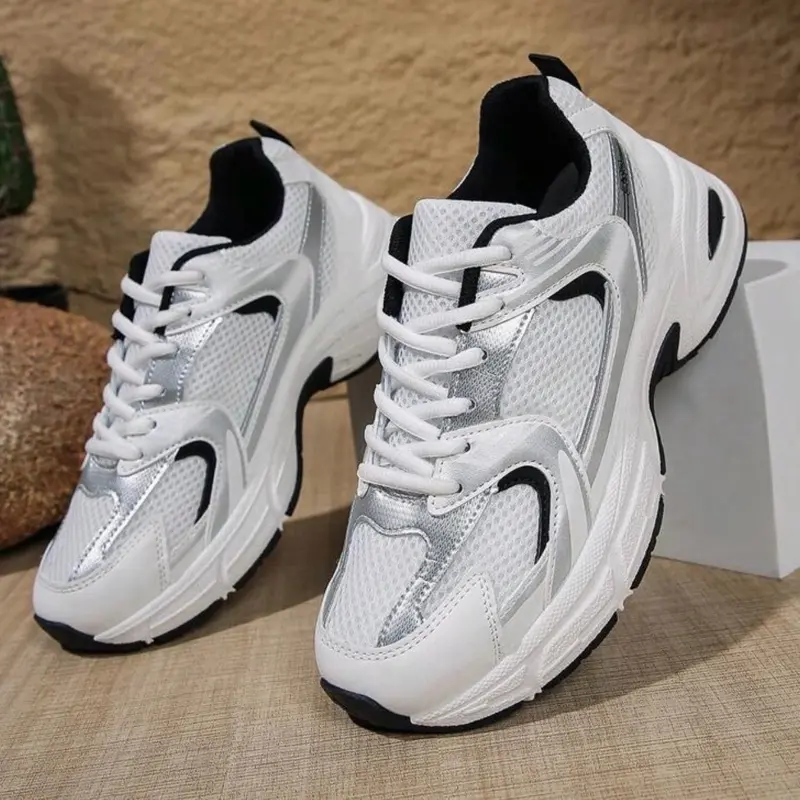 American Retro Contrast Color Running Shoes, Mesh Breathable, Thick Bottom Cushioning, Campus, Street, Daily Wear Template, Running Shoes To Grasp The Relaxation Feeling, 5cm High Casual Shoes