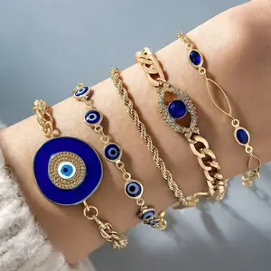 Mystique Evil Eye 5 pc/set Bracelets for Women Gold Evil Eye Charms Blue Enamel Accents Fashion Jewelry