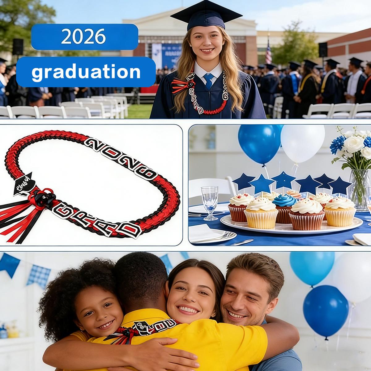 2026 Graduation Leis for Him Her - Hand-Woven Blue Braided Ribbon Lei with GRAD Letters & Cap Charm, Adjustable Graduation Money Lei with Safety Pins for Class of 2026 Graduation Ceremony Party Favors