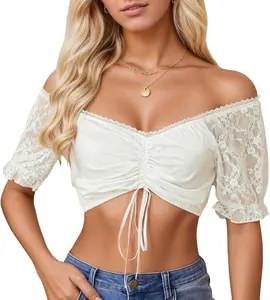 Women's Bavarian Oktoberfest Dirndl Blouse Traditional Classic Off Shoulder Short Sleeve Elegant Lace Tops