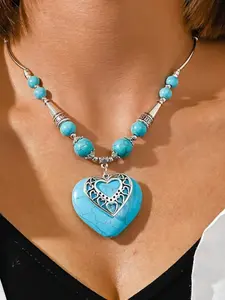 Bohemian Ethnic Style Pendant Necklace, Double-Layer Heart Charm, Hollow Out Design, All Seasons Boho Jewelry