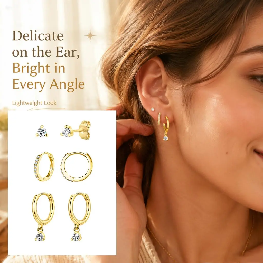 Set of 3 pairs of gold hoop earrings — delicate, multiple piercings,small stud hoops for layering; 14K gold-plated, hypoallergenic ear drops/ear cuffs; women’s gold jewelry gift; fashionable earring set