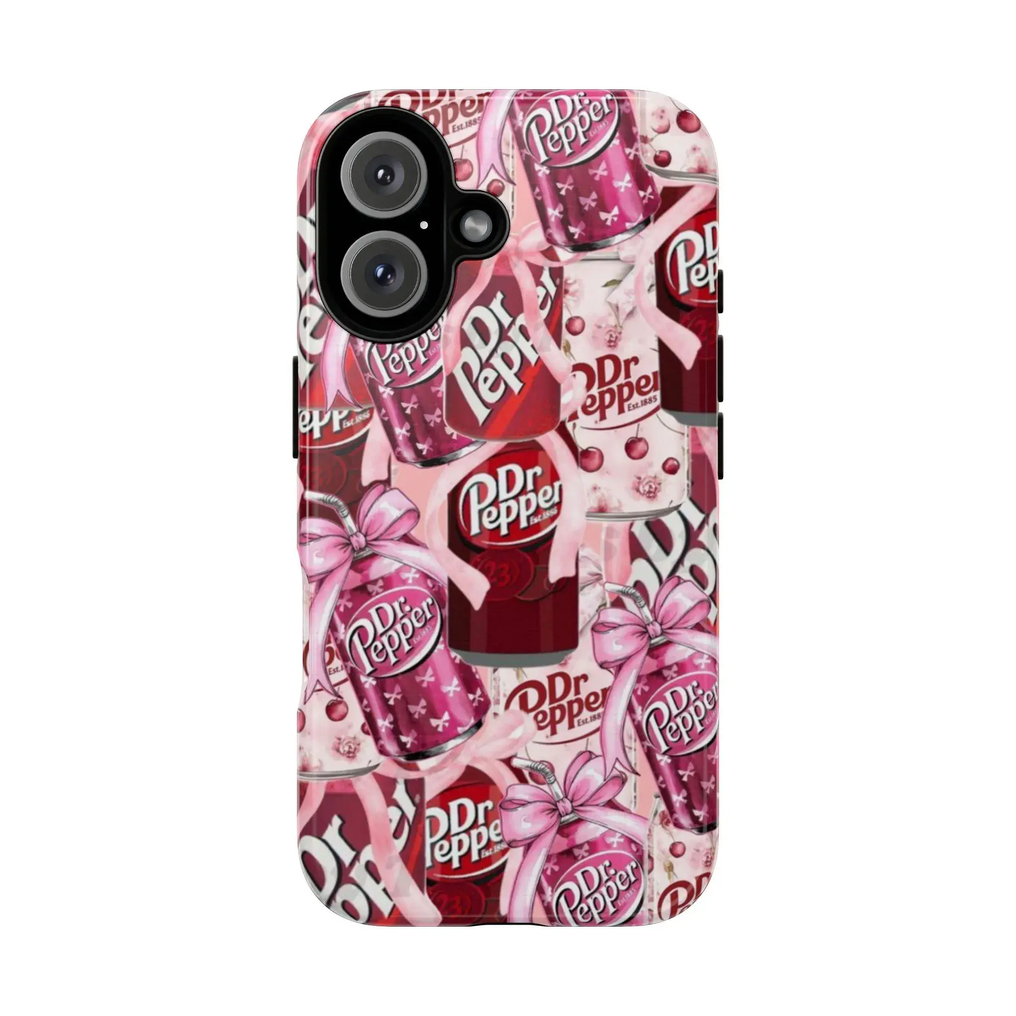Dr Pepper Pink Bow Soda Phone Case, Tough Design Compatible with Apple iPhone 11, 12, 13, 14, 15, 16, 17 Pro Max Plus Mini - Coquette Core Trendy Soda Pop Aesthetic Premium Drop Shield Protection
