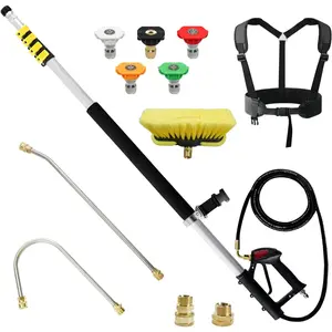 24 FT Telescoping  Washer Wand with  Washer Extension Wand,Gutter Cleaner Attachment, 5 Spray Nozzle Tips, 2 Hose Inlet Adapters and Support Harness