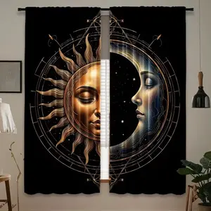 Two-Piece Boho Curtains with Sun and Moon Print, Polyester Material, Allows Light Through, Ideal for Bedroom, Living Room, Office