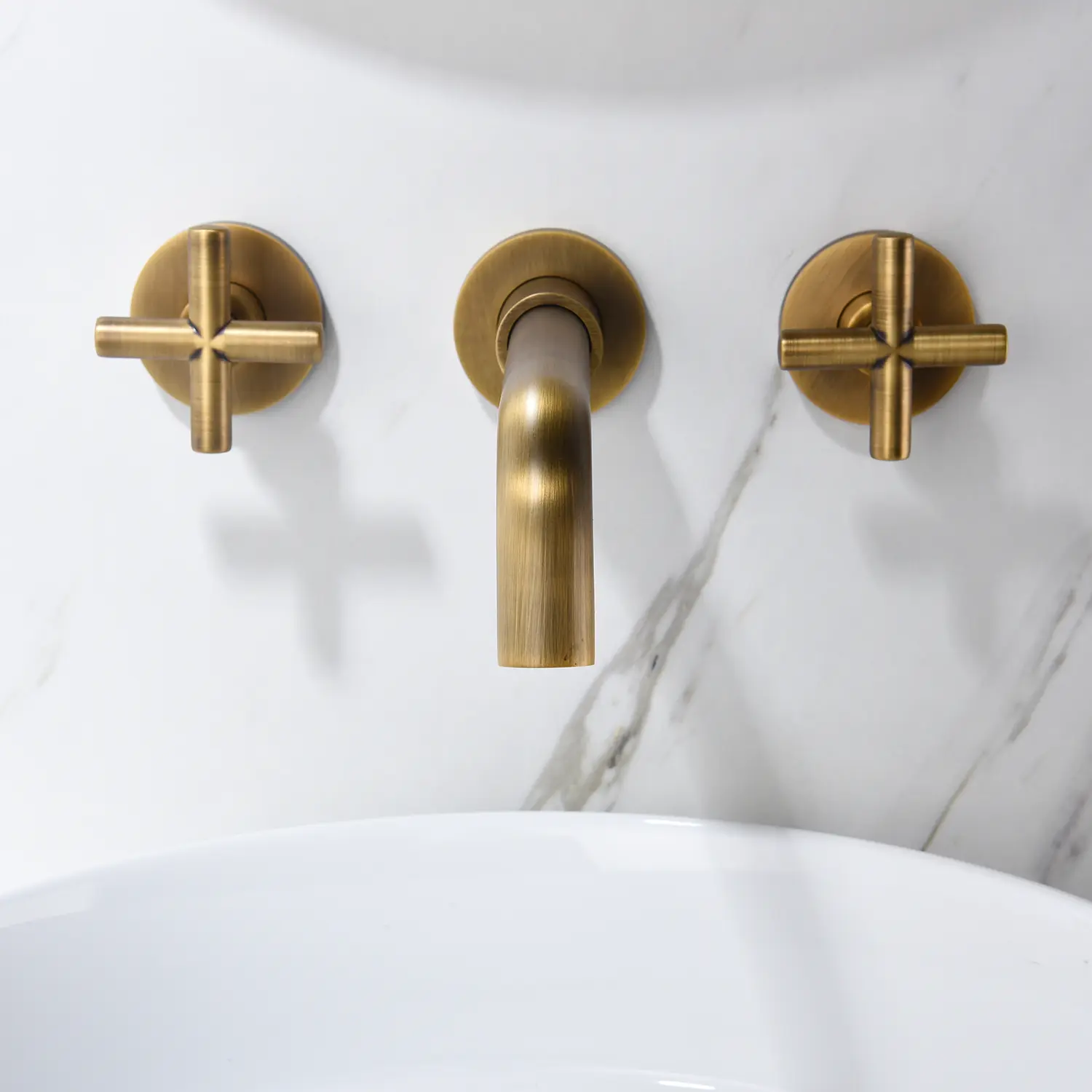 Solid Brass Bronze Wall Mount Bathroom Faucet, 2 Cross Handles, Drip-Free Cartridge, 7-Layer Finish, Rust & Corrosion Resistant, Anti-Fingerprint, Hot/Cold Manual, for Modern Bath